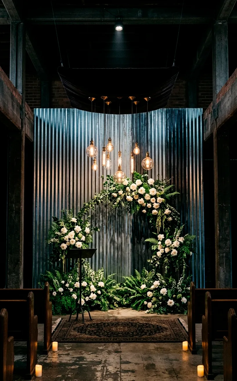 Corrugated metal wall used as a modern industrial wedding ceremony backdrop.