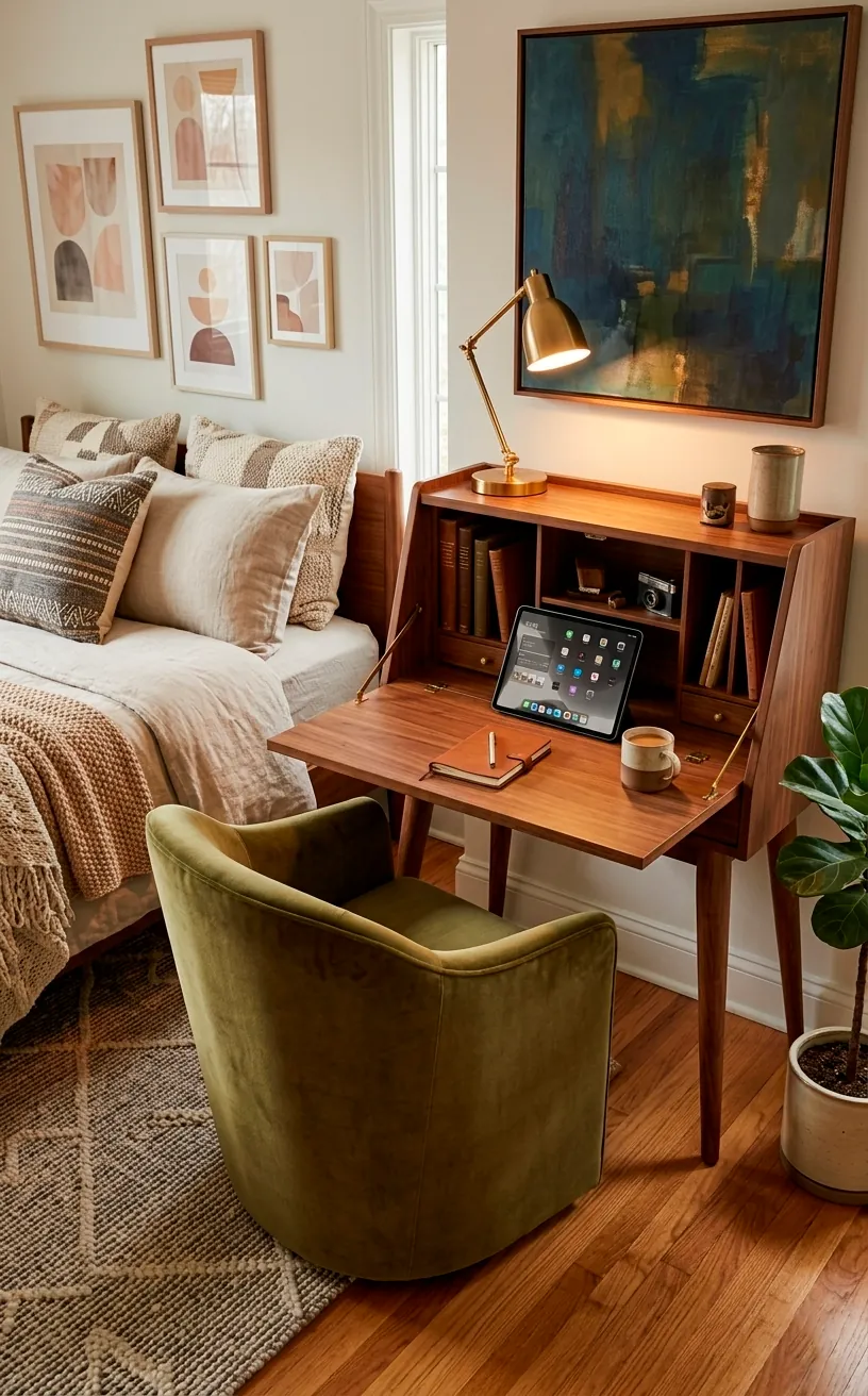 A mid-century modern secretary desk with the front folded down to show an office setup.