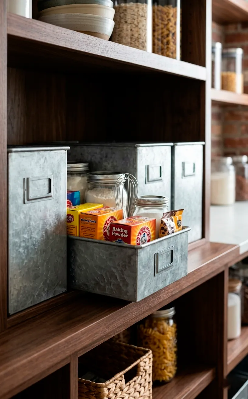 Galvanized metal storage bins on wooden pantry shelves for an industrial farmhouse look.