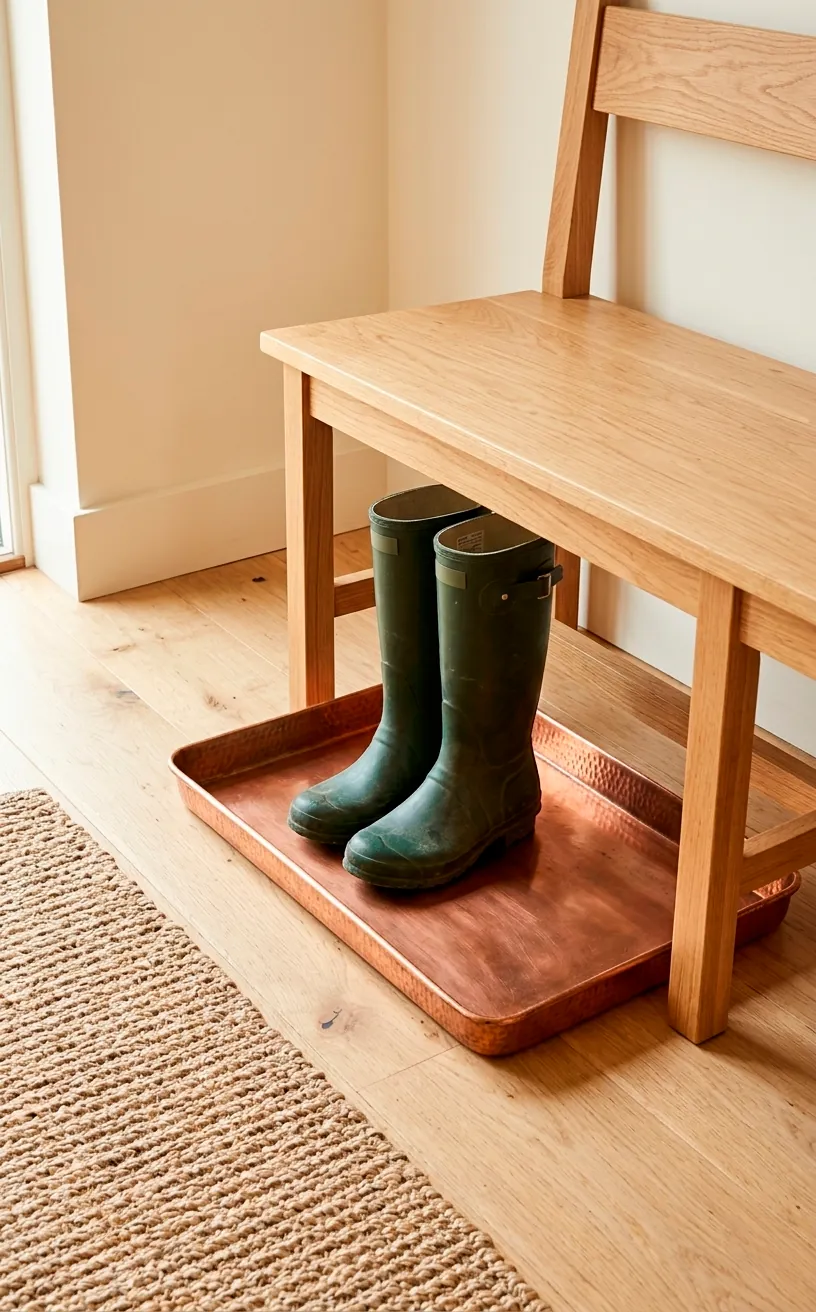 Copper metal boot tray with rain boots in a Shaker entryway.