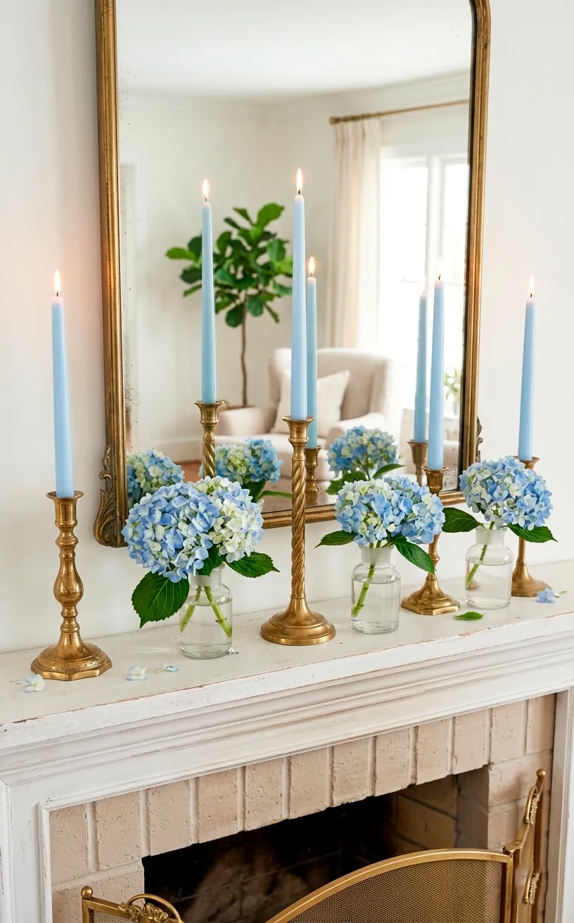 Pastel blue taper candles in brass holders on a white fireplace mantel.