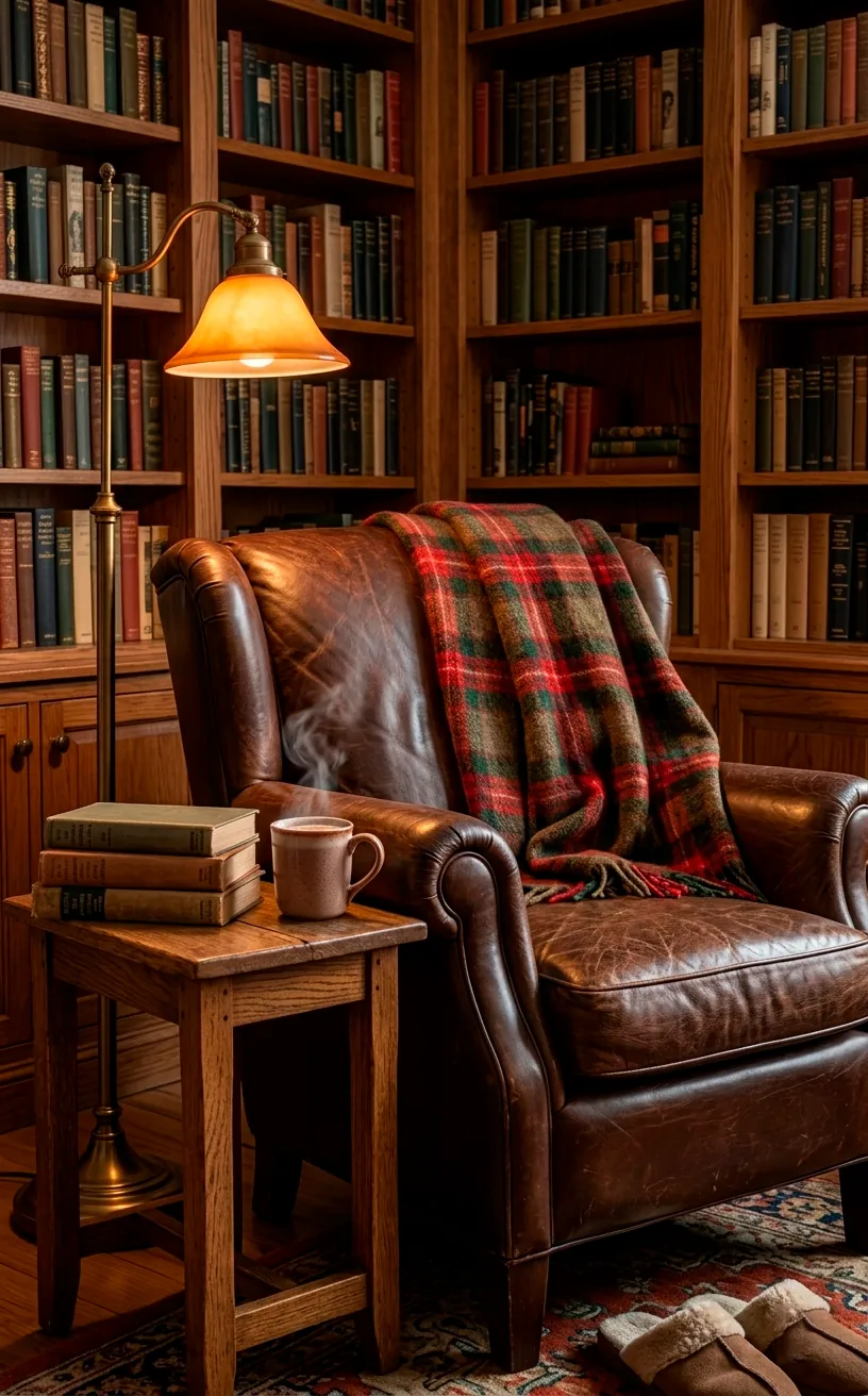 Cozy leather chair with a vintage red plaid wool blanket in a reading nook.
