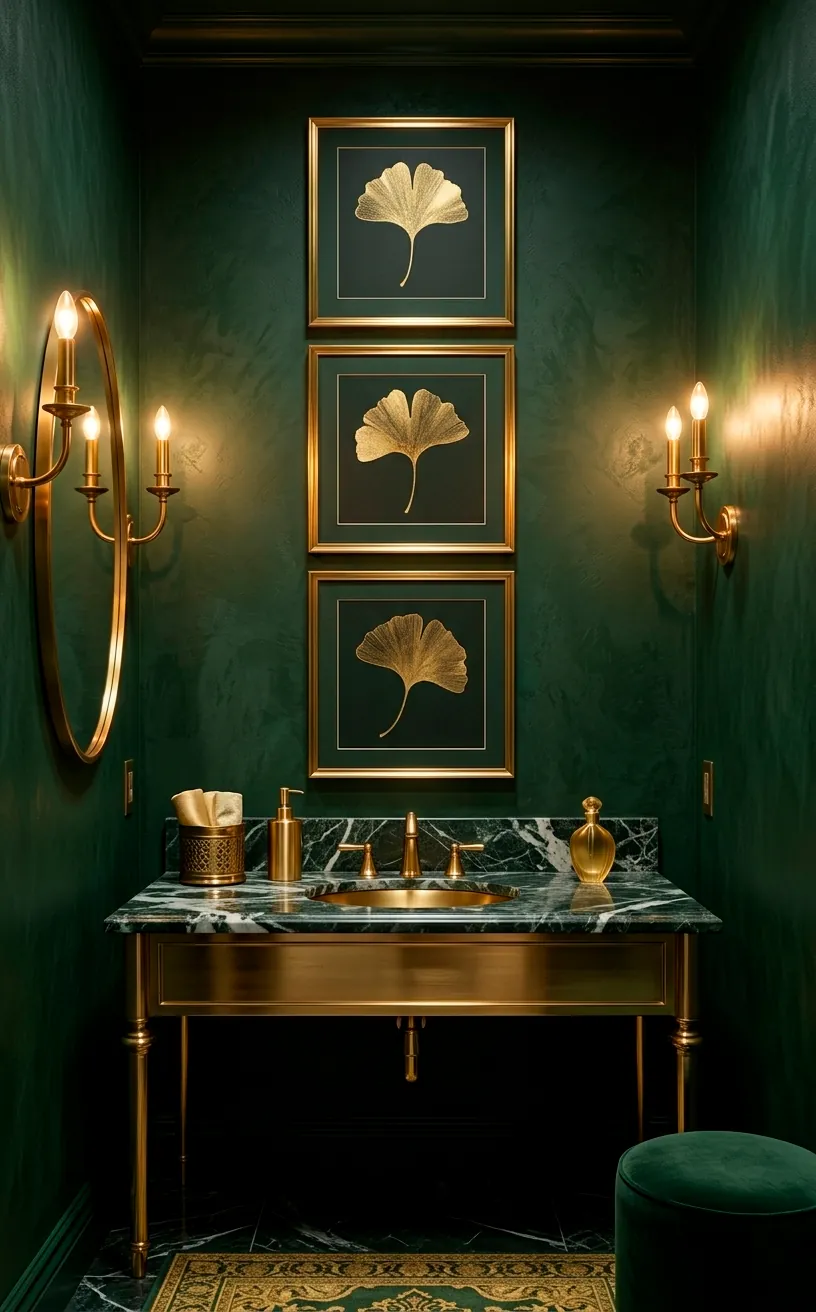 Golden ginkgo leaf prints in brass frames on a forest green wall.