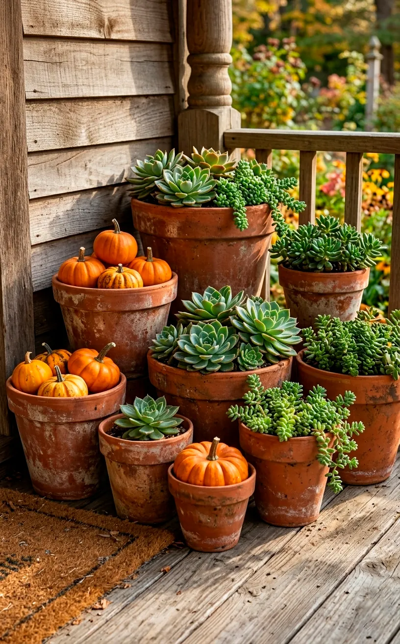A cluster of weathered terracotta pots with pumpkins and plants.