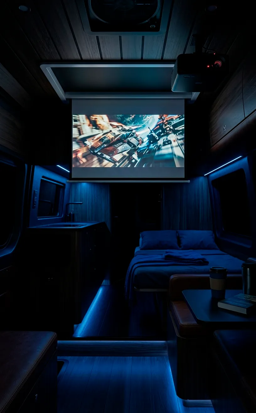 Retractable projector screen movie night setup in a luxury Sprinter van.