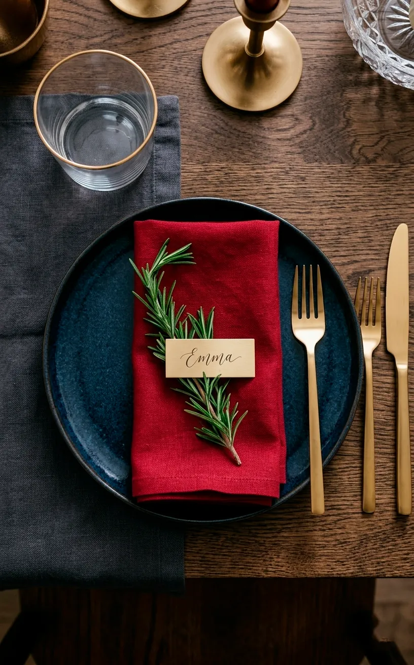 Holiday table setting with navy plates, ruby napkins, and elegant matte gold flatware.