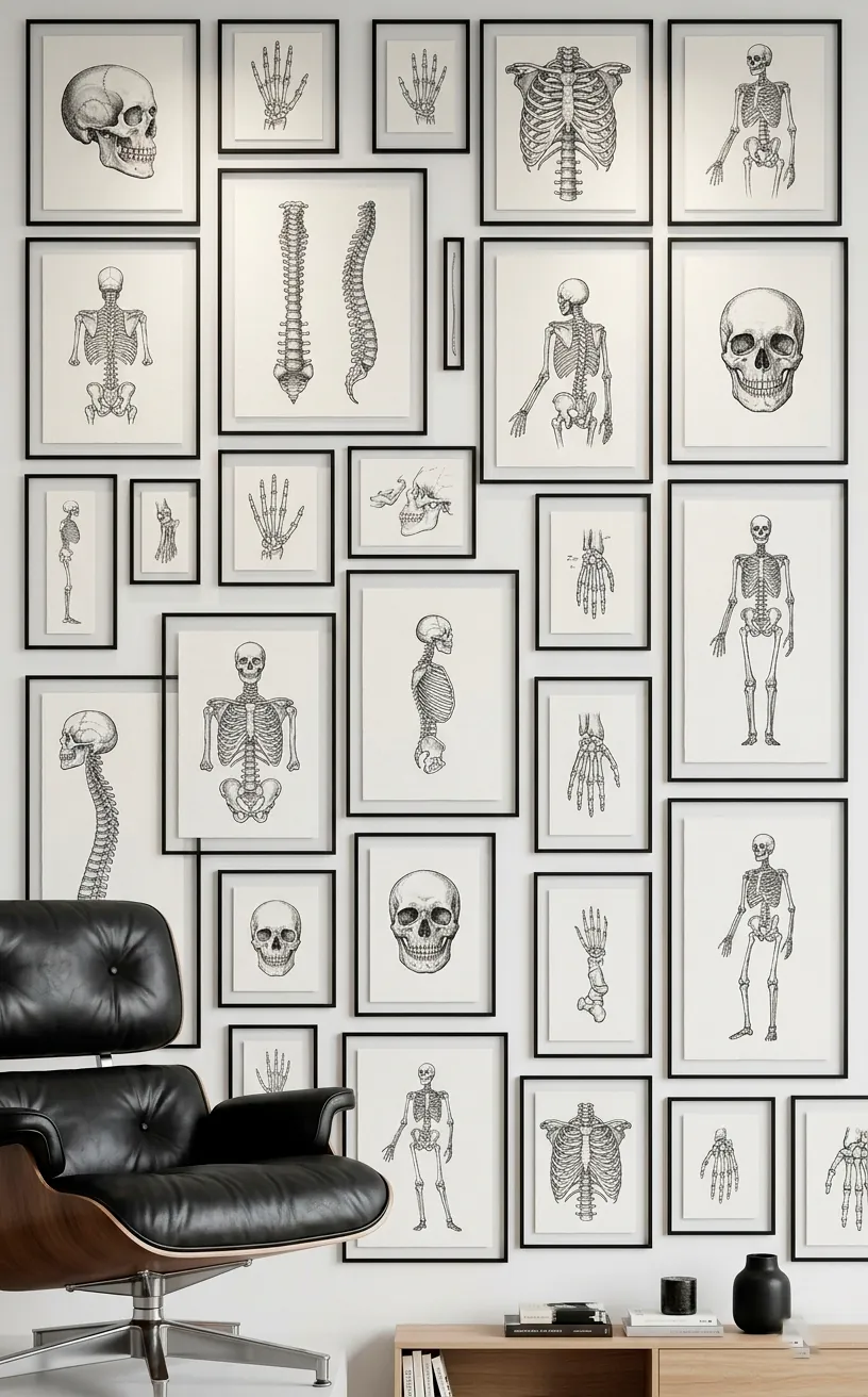 Gallery wall with black and white anatomical sketches in thin black frames in a modern room
