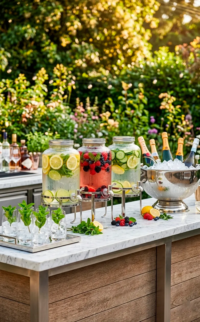 Modern outdoor drink station with glass dispensers and fruit-infused waters.