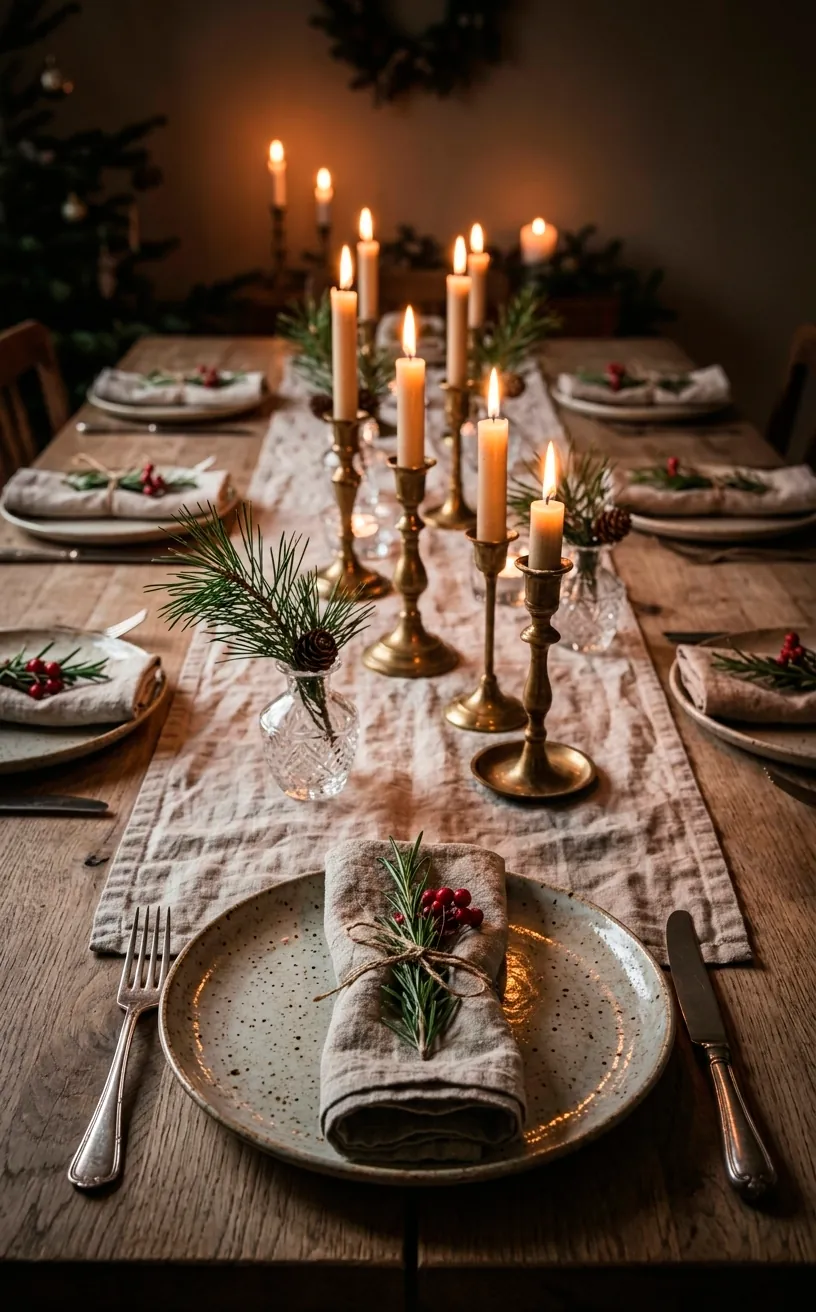 Scandinavian Christmas table setting with linen and brass accents.