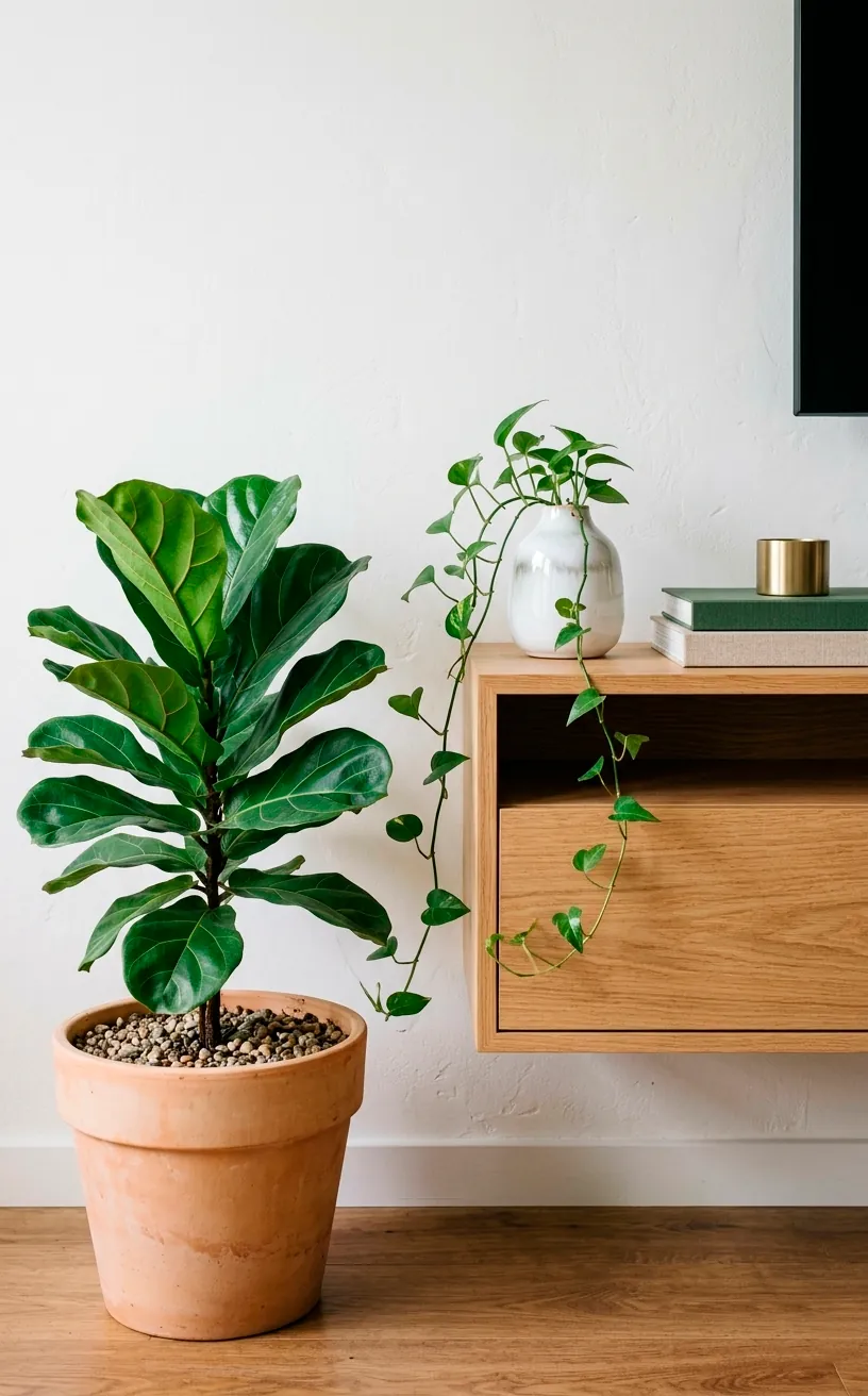 Fiddle leaf fig and trailing plants next to a white media console.