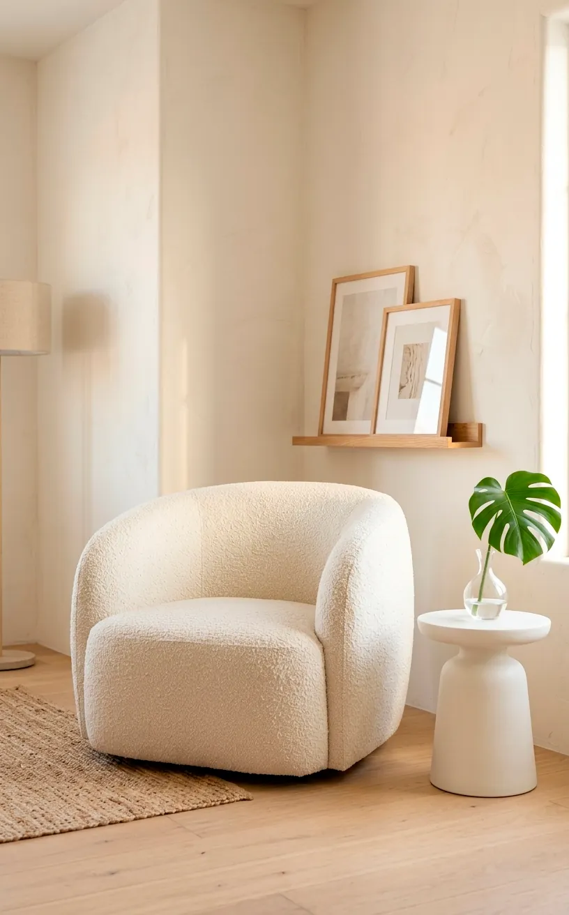 Sophisticated ivory bouclé chair in a bright, modern reading corner.