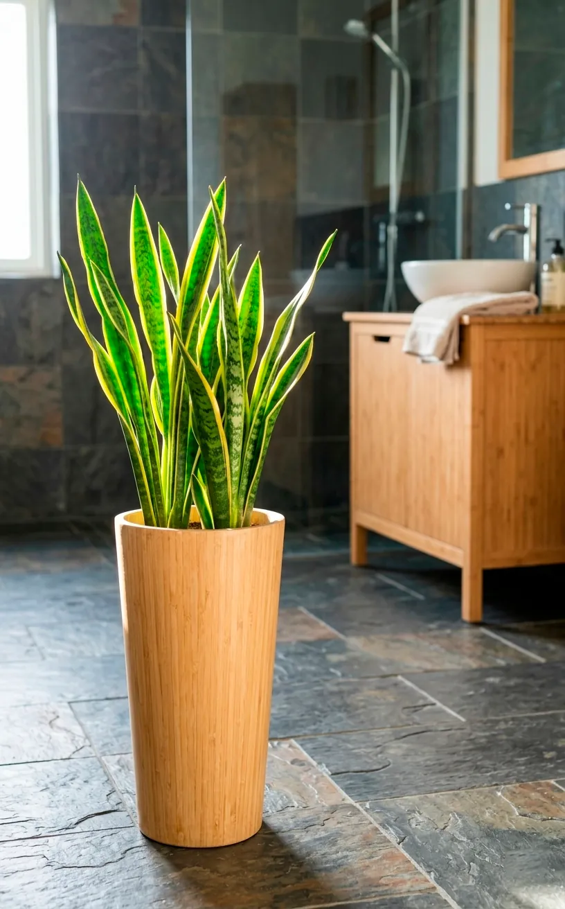 Snake plant in a bamboo planter on a dark slate floor in a bright attic bathroom.
