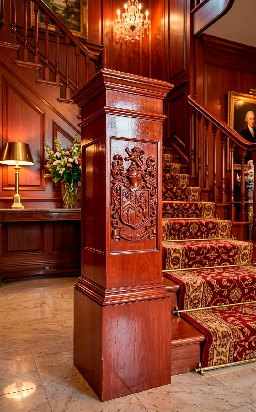 Hand-carved family crest on a cherry wood newel post at the base of a grand staircase.