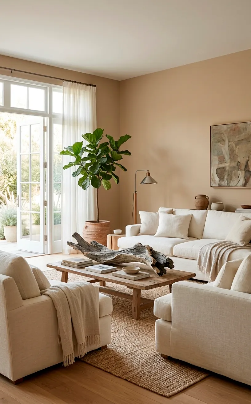 Breezy living room with Manchester Tan walls and linen seating.
