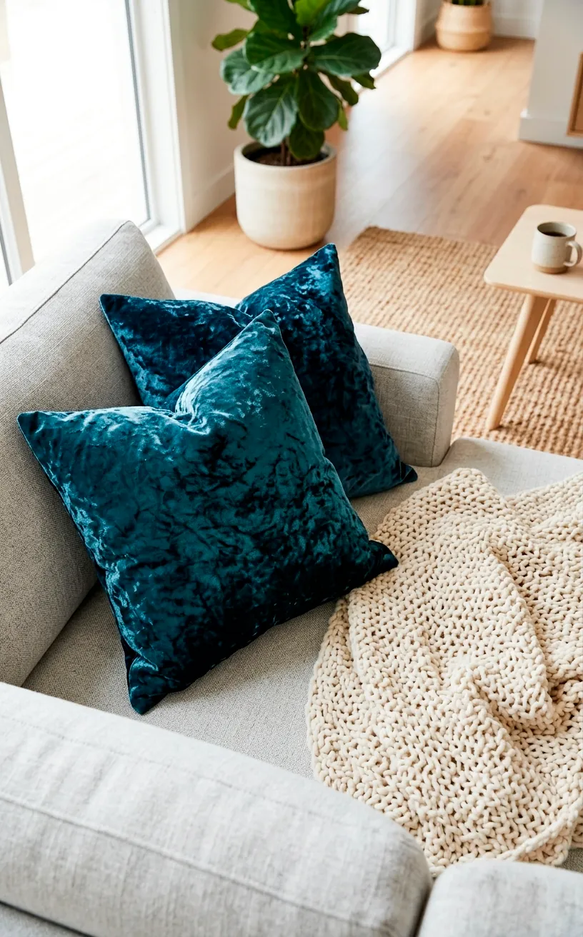 Two crushed navy velvet pillows showing light-reflective texture on a grey sectional.