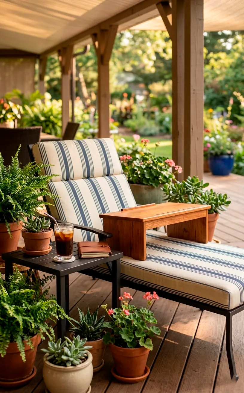 Outdoor patio workspace with a lap desk, lounge chair, and cold brew coffee.