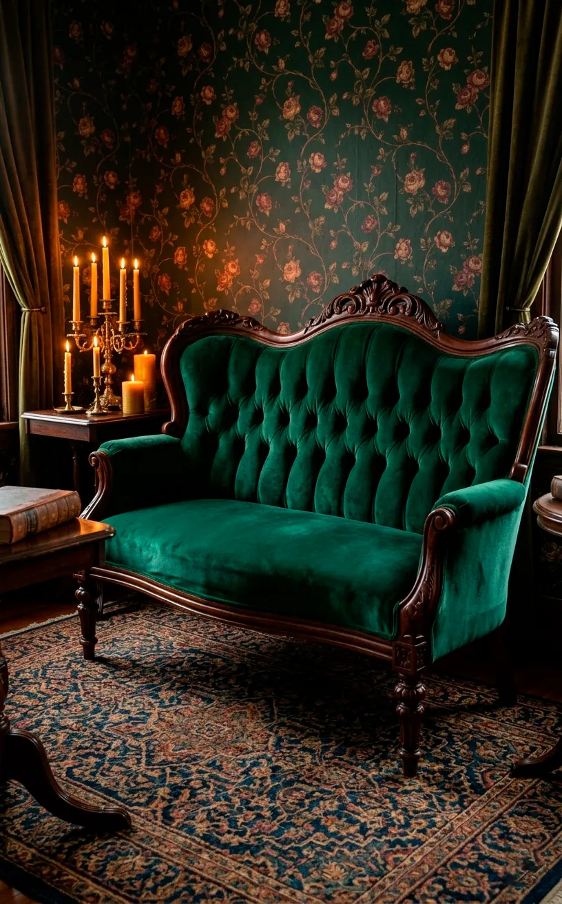 A vintage Victorian emerald velvet settee with ornate wood carvings in a moody room.