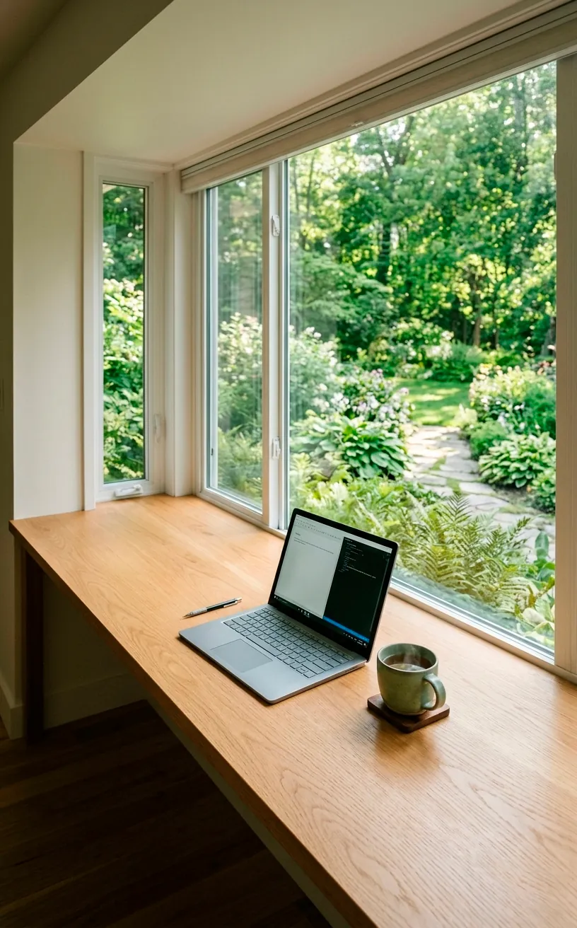 Wooden desk extension built into a wide window sill with a view of a garden.