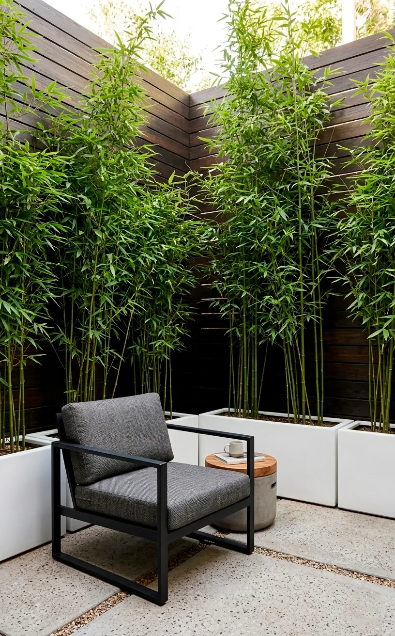 Private patio with horizontal wood slat fence and tall bamboo in white planters.