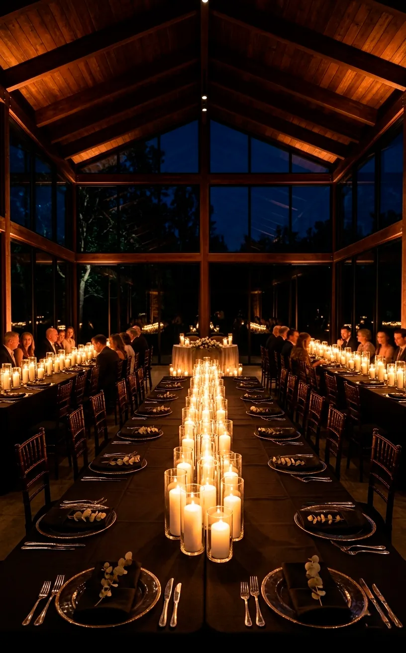 Minimalist wedding reception lit by hundreds of white pillar candles.