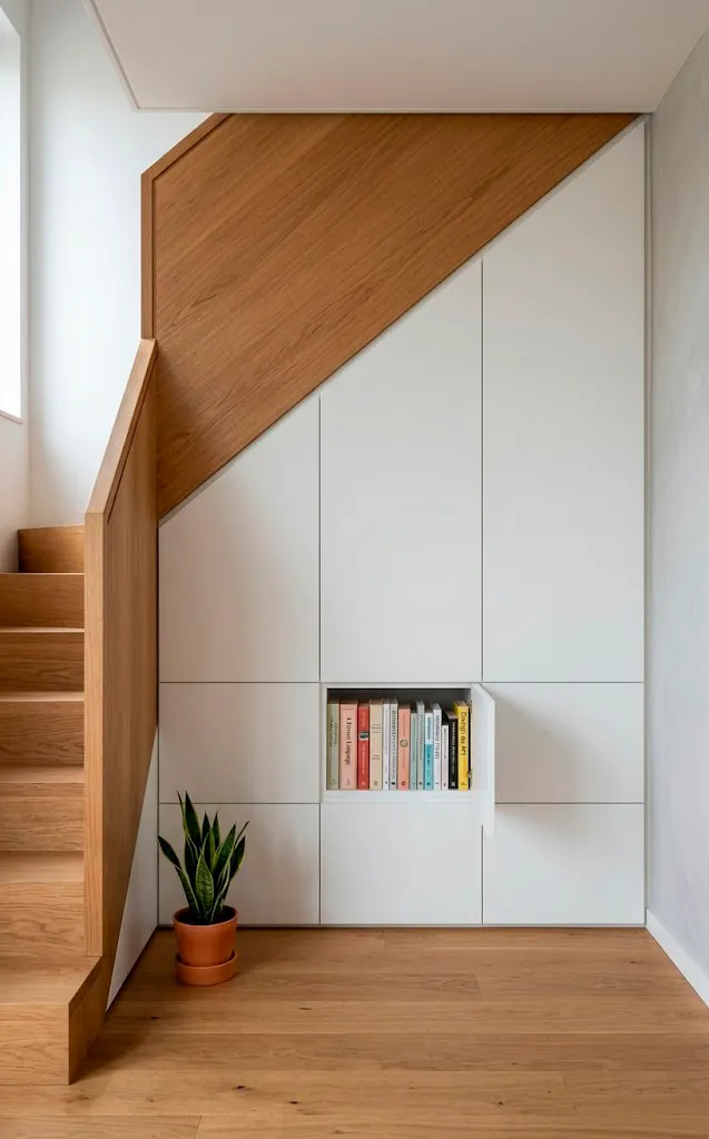 Modern staircase with integrated white storage cabinets and drawers underneath for space-saving.