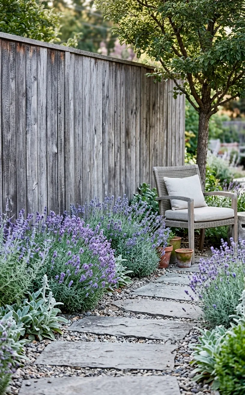 Aged charred wood garden fence with silver patina.