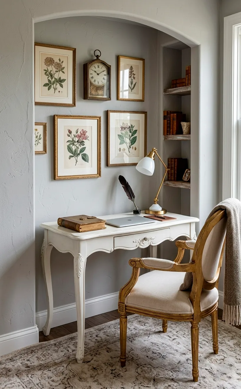 Small white French Provincial desk with curved legs in a studio workspace.