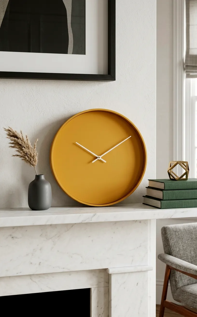 Minimalist mustard yellow desk clock on a marble fireplace mantle.
