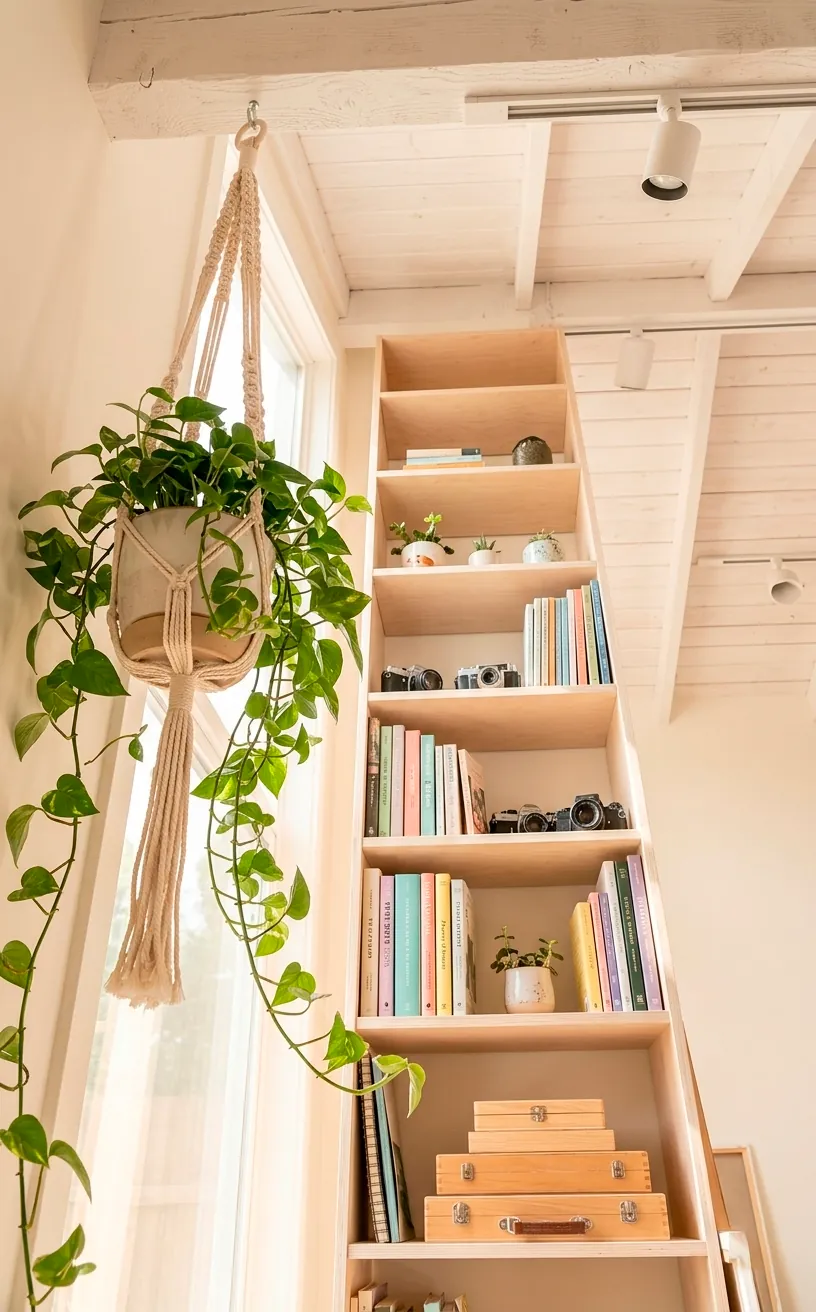 Vertical decor and hanging plants used to lift energy in a small studio.