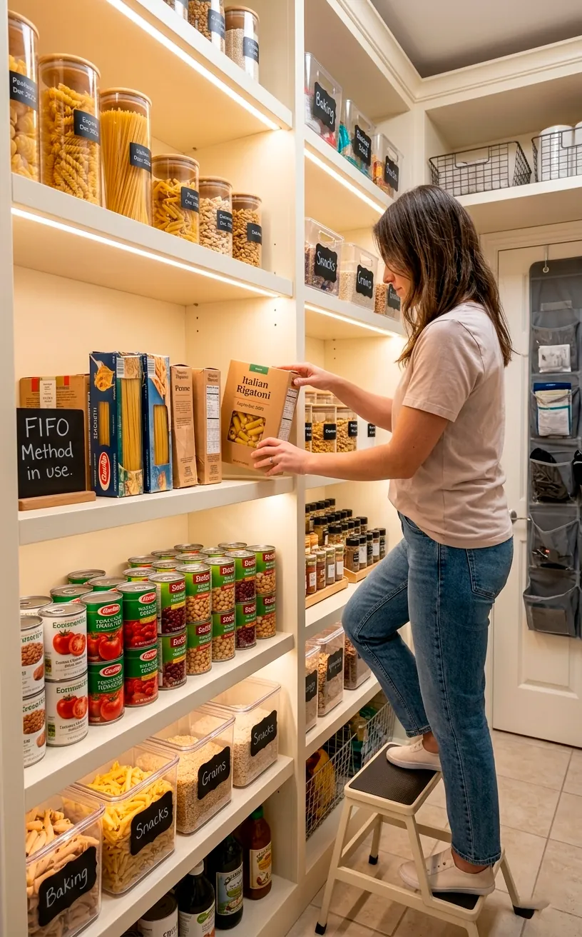 Person organizing pantry using the first-in first-out method.