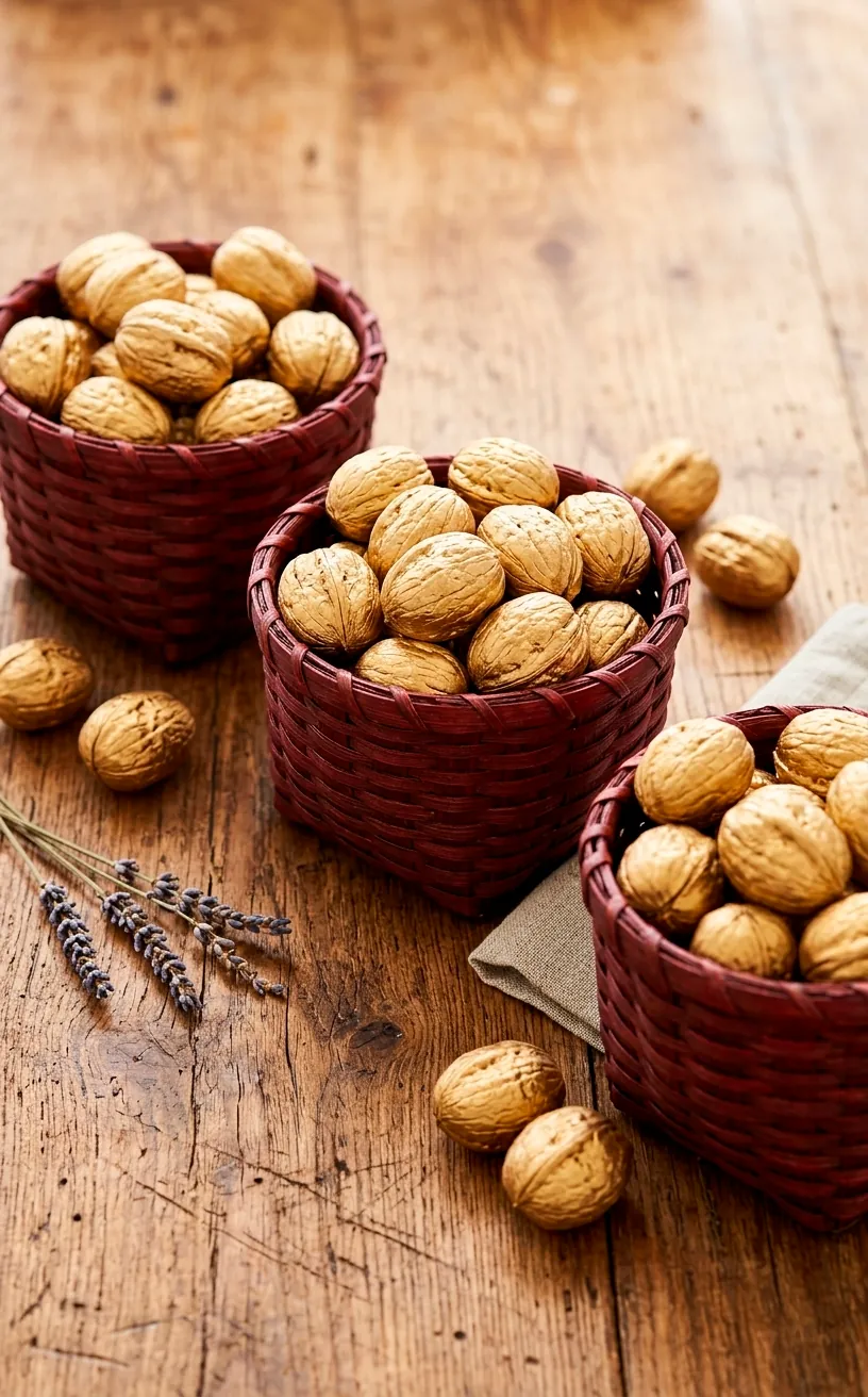 Red woven baskets filled with gold-painted walnuts on a wooden dining table.