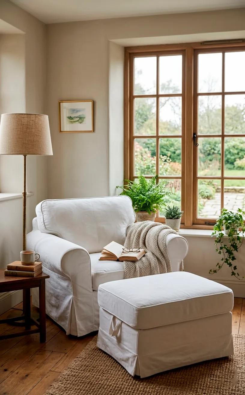 Comfortable white slipcovered armchair in a sun-drenched reading nook.