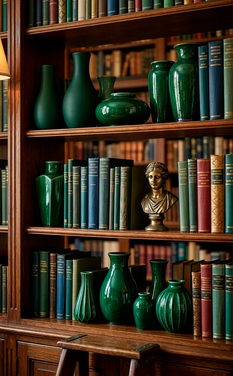 Collection of emerald green ceramic vases displayed on dark library shelves.
