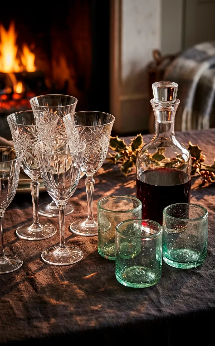 Mixed crystal and green glassware on a festive French country table with wine.
