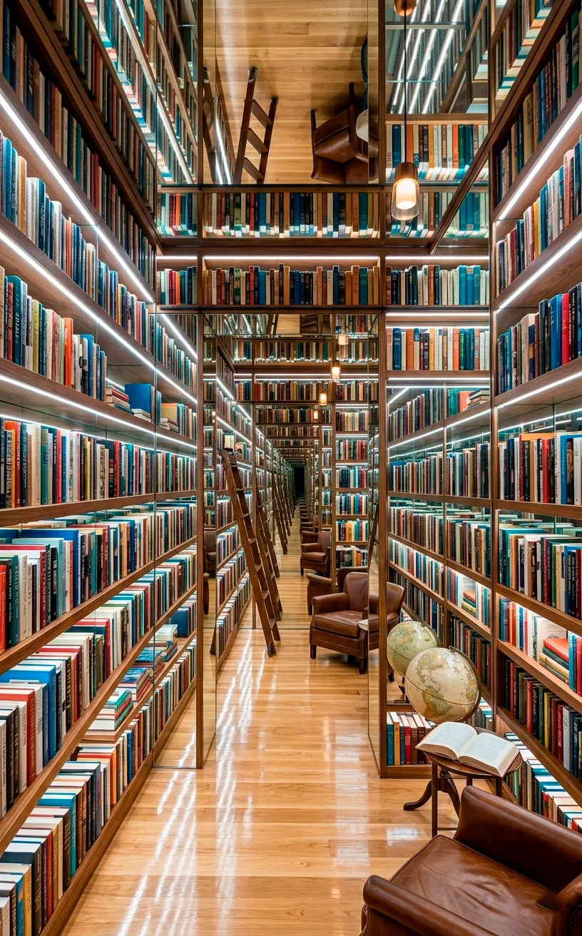 Small home library with mirror-backed bookshelves creating an infinite reflection effect.