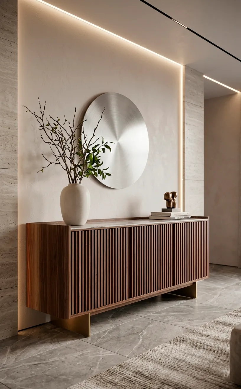 Modern sideboard with vertical wood slat details on the doors for a custom look.