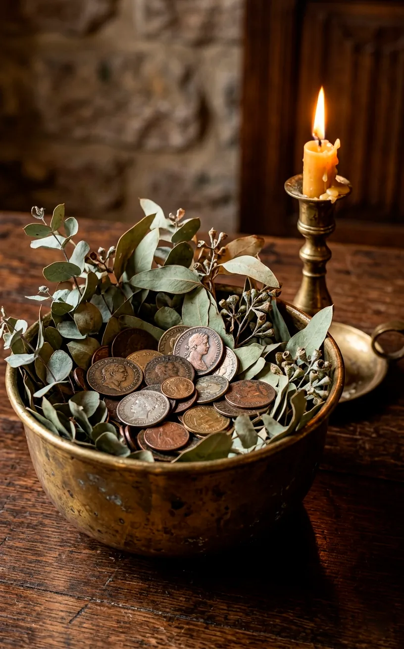 Tarnished brass bowl with antique coins and eucalyptus centerpiece.
