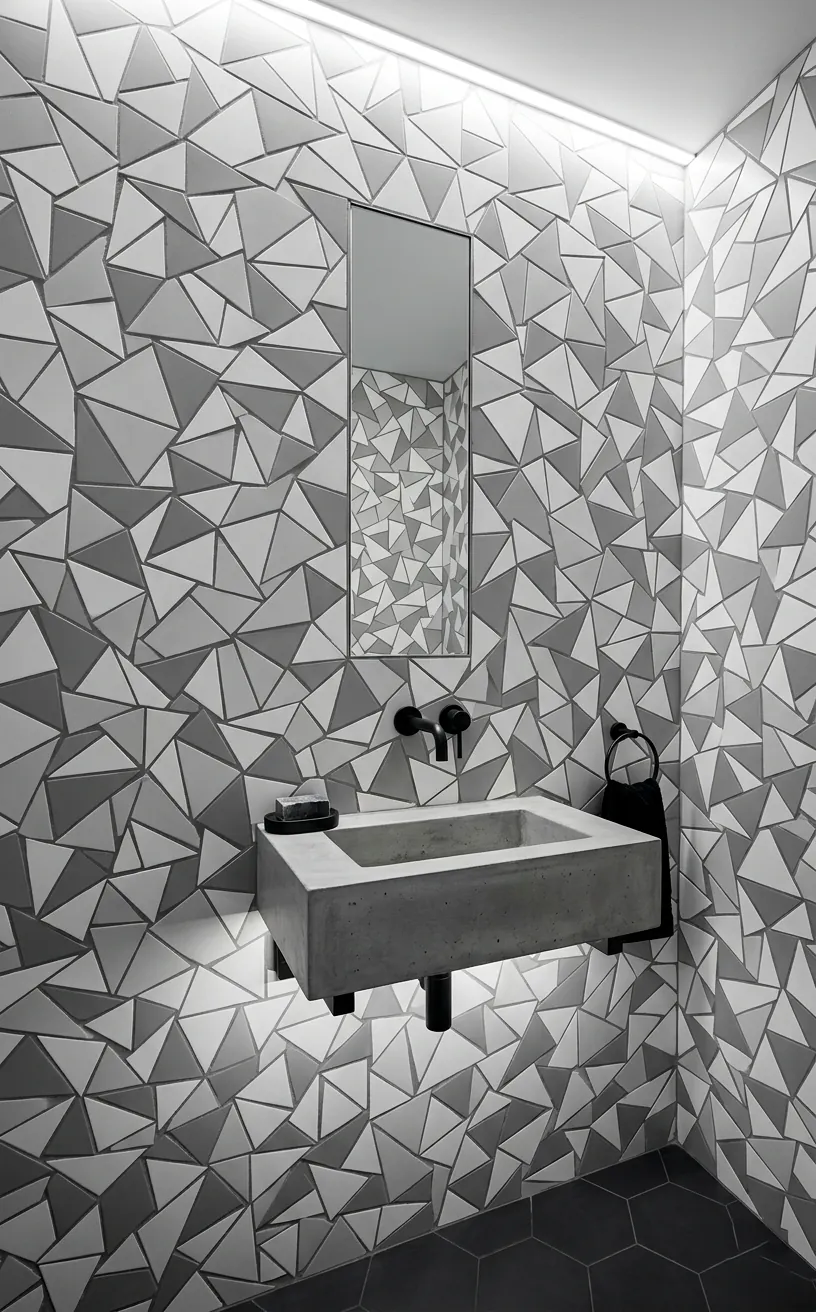 Grey and white triangular tile accent wall with a black faucet and concrete sink.