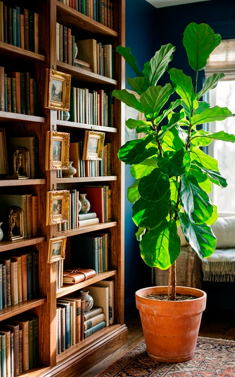A fiddle leaf fig plant next to dark wood bookshelves with framed art.