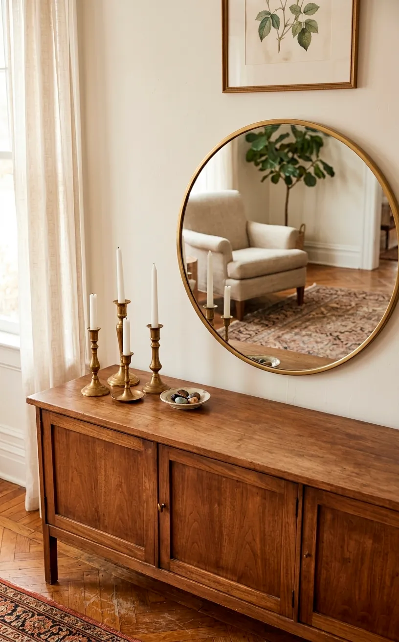 Vintage brass candlestick holders on a wooden sideboard with a mirror.