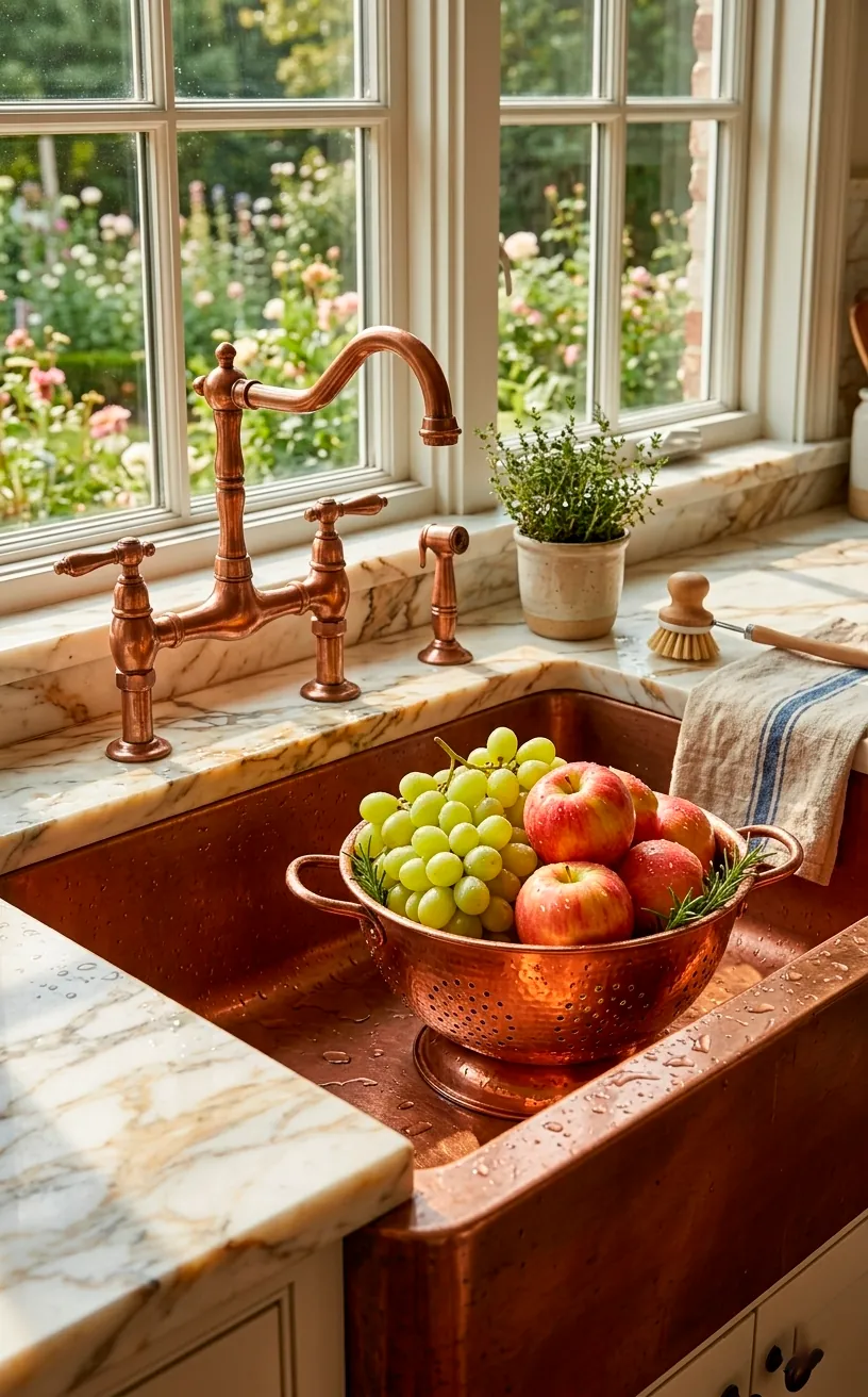 Copper colander filled with fresh fruit sitting by a farmhouse kitchen sink.