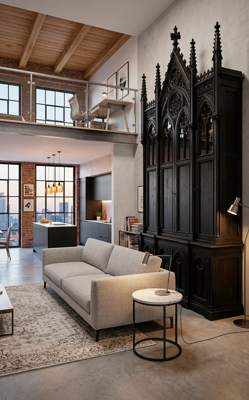 Large dark Victorian armoire in a small modern studio apartment.
