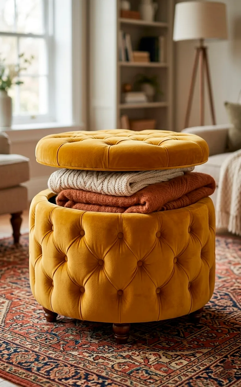 Round tufted mustard yellow storage ottoman in a cozy living room setting.