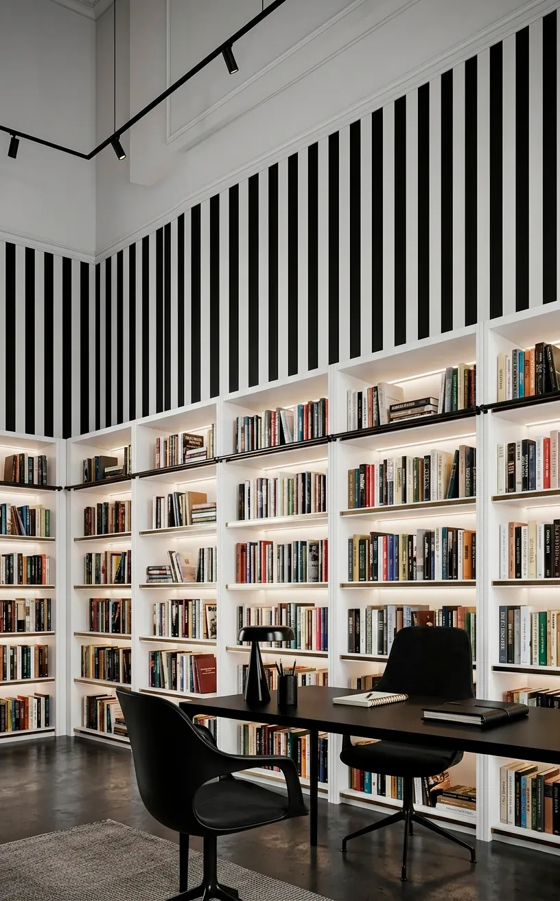 Home library with black and white striped wallpaper and white bookshelves.