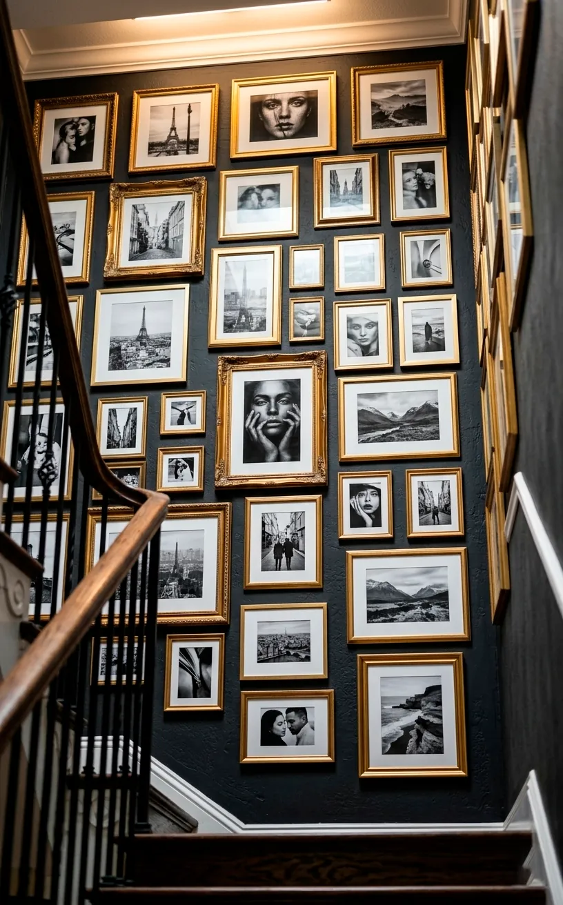 Gallery wall with gold frames on a charcoal staircase.