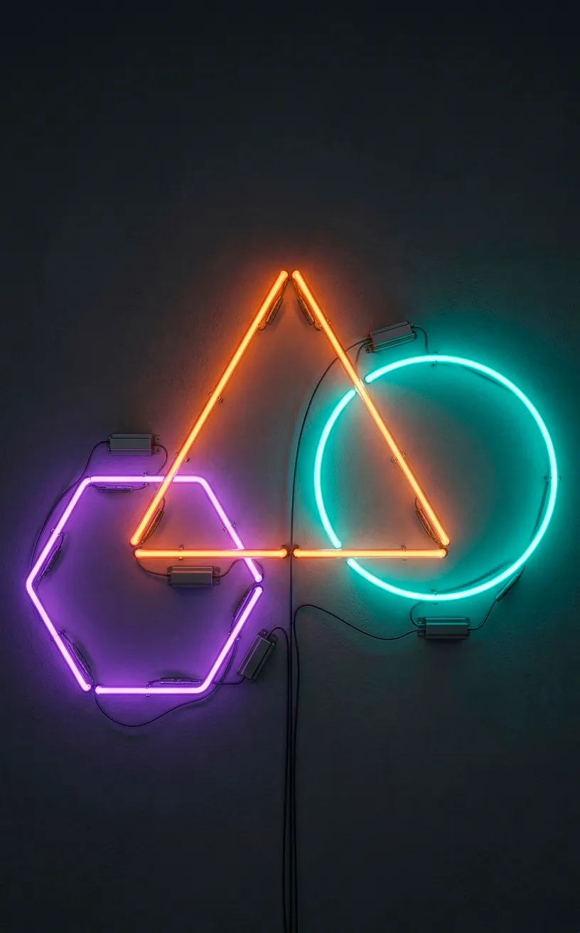 Geometric neon shapes including triangles and hexagons in a cyberpunk bedroom.