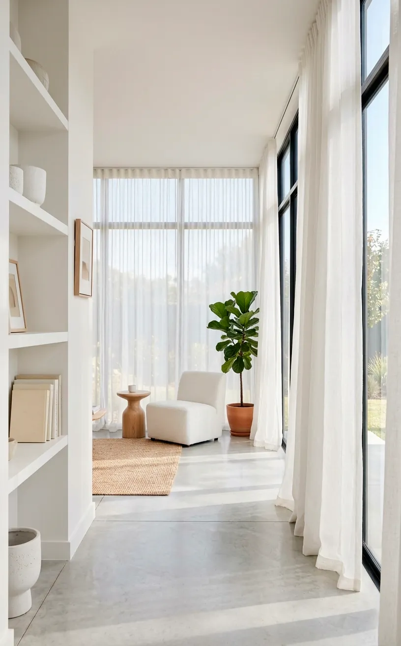 Sheer white linen curtains filtering sunlight in a modern monochromatic sunroom.