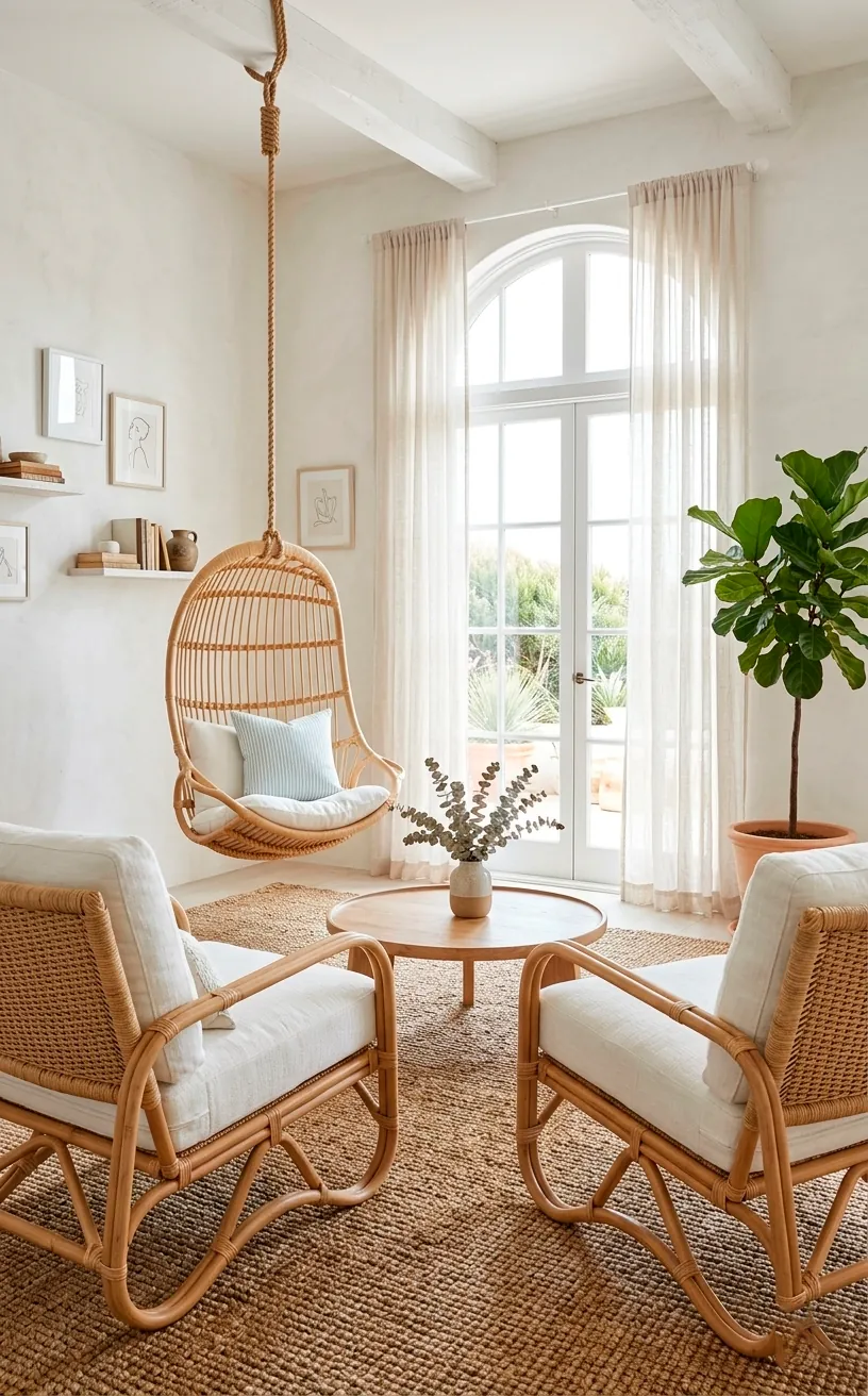 Rattan armchairs and woven decor in a bright, airy living room.