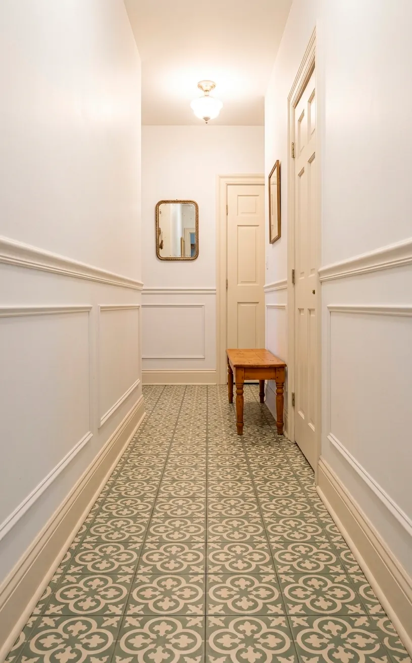Vintage style encaustic vinyl floor tiles in a soft sage and cream pattern.