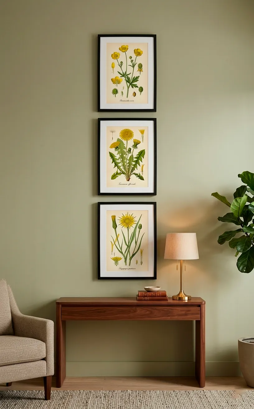 Framed yellow botanical wildflower wall art gallery in a modern living room.